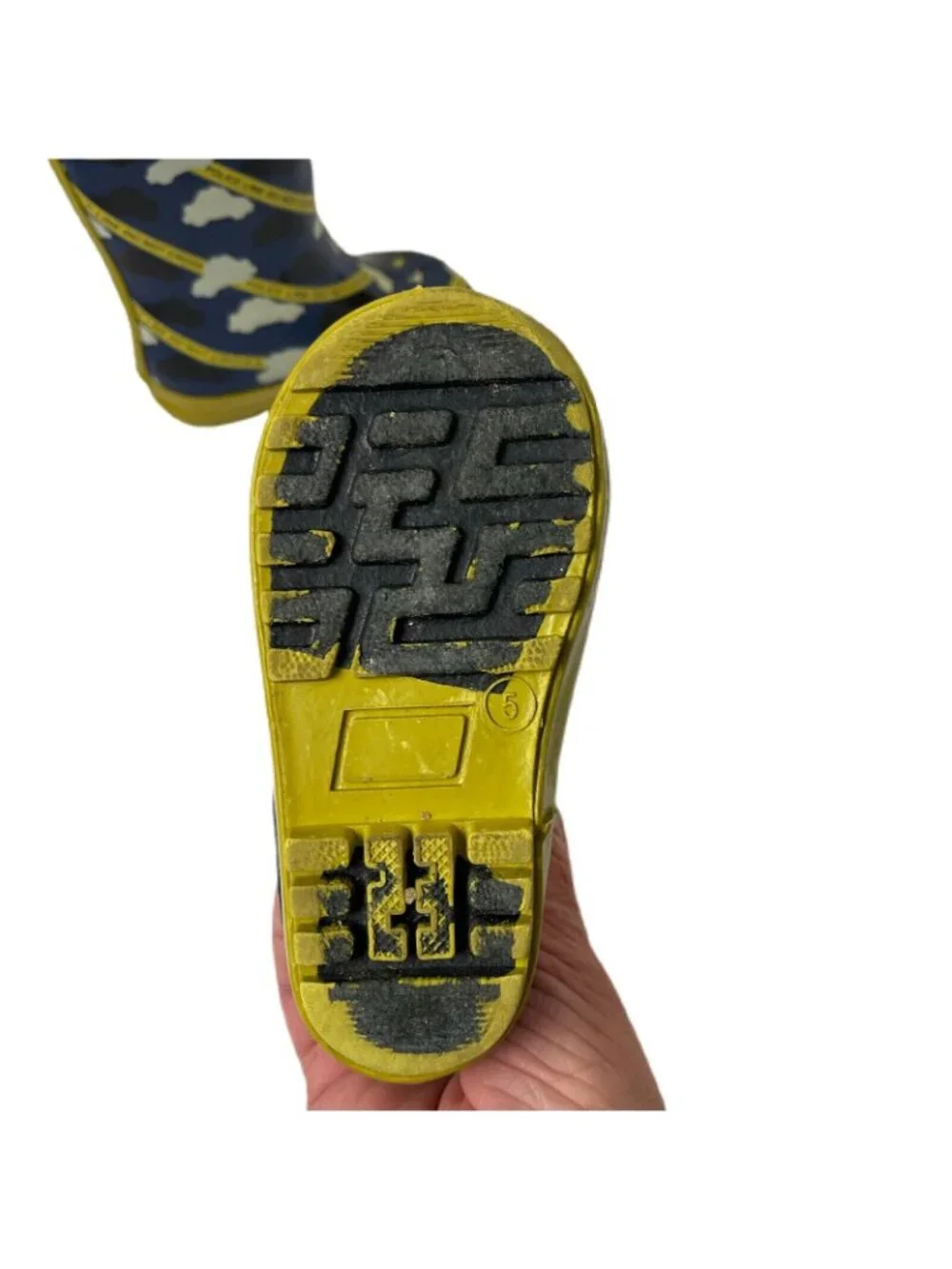 Kids Rain Boots Police Car Pattern Blue/Yellow Pull-On Handles Rubber Size 5